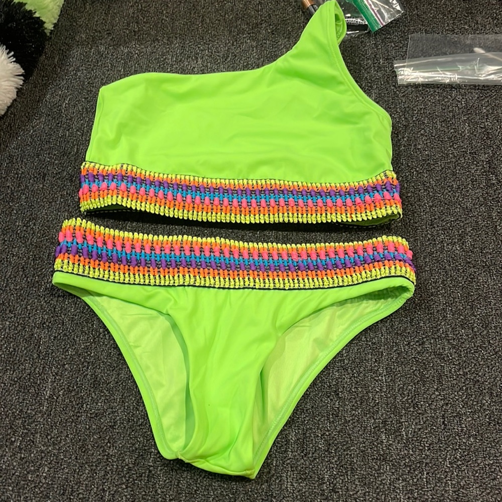 Brand new piexoto neon green one shoulder bikini with neon stitching size small